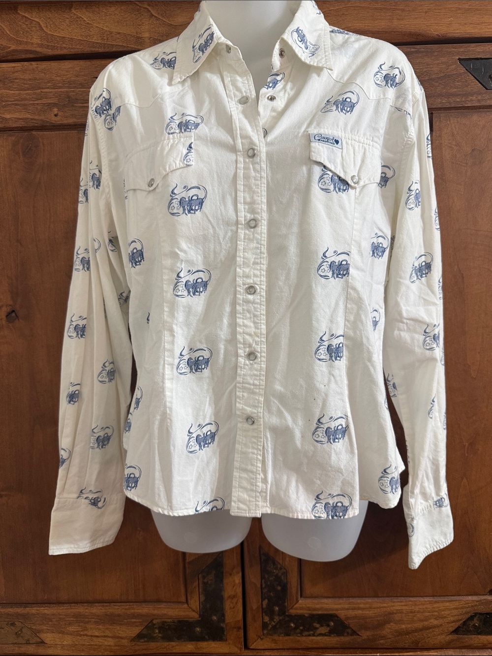 Cowgirl Hardware White snap Button Western Shirt w Blue horse pattern Guc Large